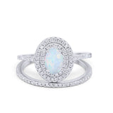 Halo Wedding Bridal Rings Piece Oval Lab Created White Opal Sterling Silver