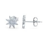 14K White Gold Round Simulated Cubic Zirconia Trendy Starburst Stud Earrings