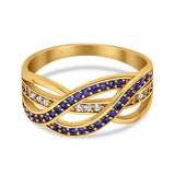14K Yellow Gold Round Half Eternity Weave Knot Simulated Blue Sapphire CZ Wedding Engagement Ring Size 7