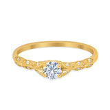 14K Yellow Gold Petite Dainty Art Deco Round Simulated CZ Wedding Engagement Ring Size 7