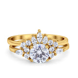 14K Yellow Gold Two Piece Round Bridal Set Ring Wedding Engagement Band Simulated CZ Size 7