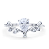 14K White Gold Chevron Midi V Style Teardrop Pear Simulated Cubic Zirconia Wedding Engagement Ring