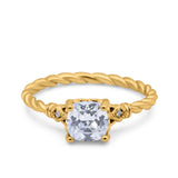 14K Yellow Gold Art Deco Cushion Three Stone Bridal Simulated CZ Wedding Engagement Ring Size 7
