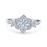 14K White Gold Halo Cluster Floral Round Simulated Cubic Zirconia Wedding Engagement Ring