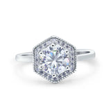 14K White Gold Art Deco Hexagon Shape Wedding Round Simulated Cubic Zirconia Engagement Ring Size 7