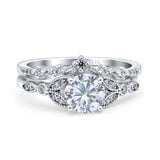 14K White Gold Two Piece Vintage Style Bridal Set Round Simulated Cubic Zirconia Wedding Ring
