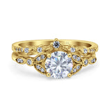 14K Yellow Gold Two Piece Vintage Style Bridal Set Round Simulated Cubic Zirconia Wedding Ring