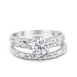 14K White Gold Art Deco Round Two Piece Bridal Set Ring Engagement Band Simulated CZ Size 7