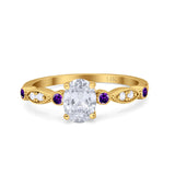 14K Yellow Gold Vintage Style Oval Bridal Amethyst Simulated CZ Wedding Engagement Ring Size 7