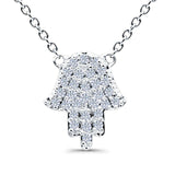 14K White Gold 0.11ct Round Shape Diamond Pendant Trendy Hand Of Hamsa Chain Necklace 18" Long