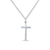 14K White Gold 0.07ct Round Shape Diamond Cross Pendant Chain Necklace 18" Long