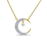 14K Yellow Gold 0.16ct Round Shape Diamond Crescent Moon Pendant Chain Necklace 18" Long