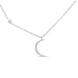 14K White Gold 0.10ct Round Shape Diamond Star Crescent Moon Trendy Pendant Chain Necklace 18" Long