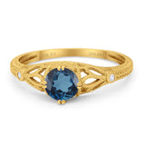 14K Yellow Gold 0.87ct Vintage Design Solitaire Round 6mm G SI London Blue Topaz Diamond Engagement Wedding Ring Size 6.5