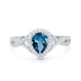 14K White Gold 1.56ct Teardrop Pear Infinity 11mm G SI London Blue Topaz Diamond Engagement Wedding Ring Size 6.5