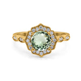 14K Yellow Gold 1.42ct Art Deco Round 7mm G SI Natural Green Amethyst Diamond Engagement Wedding Ring Size 6.5
