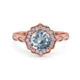 14K Rose Gold 1.42ct Art Deco Round 7mm G SI Natural Aquamarine Diamond Engagement Wedding Ring Size 6.5