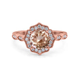 14K Rose Gold 1.42ct Art Deco Round 7mm G SI Natural Morganite Diamond Engagement Wedding Ring Size 6.5