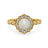 14K Yellow Gold 0.14ct Art Deco Round 7mm G SI Natural White Opal Diamond Engagement Wedding Ring Size 6.5
