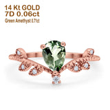 14K Rose Gold Pear Natural Green Amethyst 0.77ct G SI Diamond Engagement Ring Size 6.5