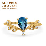 14K Yellow Gold Pear London Blue Topaz 0.77ct G SI Diamond Engagement Ring Size 6.5