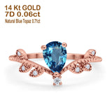 14K Rose Gold Pear Natural Swiss Blue Topaz 0.77ct G SI Diamond Engagement Ring Size 6.5