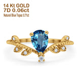 14K Yellow Gold Pear Natural Swiss Blue Topaz 0.77ct G SI Diamond Engagement Ring Size 6.5