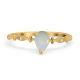 14K Yellow Gold 0.02ct Teardrop Pear 7mmx5mm G SI Natural White Opal Diamond Engagement Wedding Ring Size 6.5