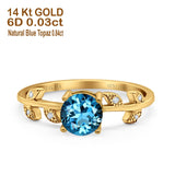 14K Yellow Gold 0.87ct Round Natural Swiss Blue Topaz G SI Diamond Engagement Ring Size 6.5