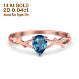 14K Rose Gold 0.75ct Natural Swiss Blue Topaz Pear G SI Diamond Engagement Ring Size 6.5