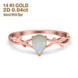 14K Rose Gold 0.04ct Natural White Opal Pear G SI Diamond Engagement Ring Size 6.5