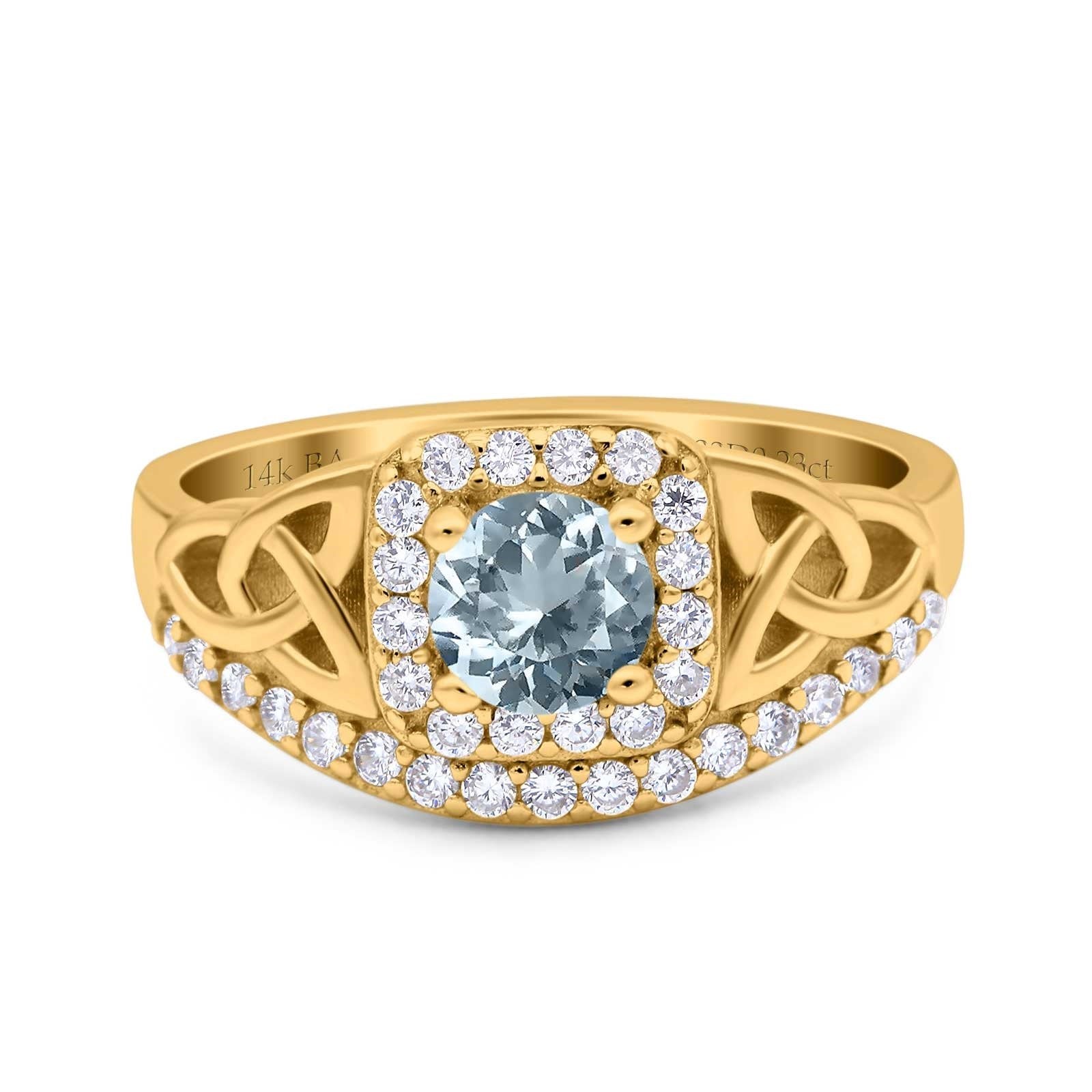14K Yellow Gold 0.69ct Round Art Deco 5mm G SI Natural Aquamarine Diamond Engagement Wedding Ring Size 6.5