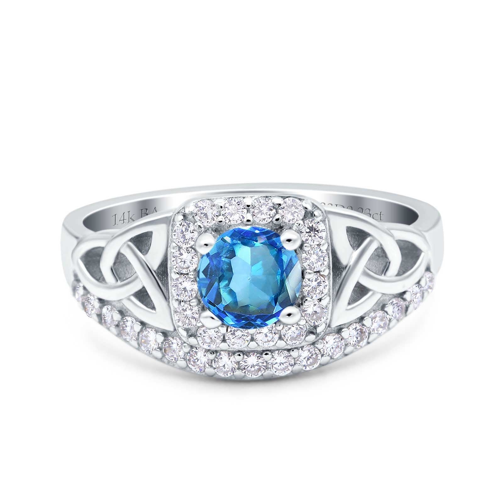 14K White Gold 0.69ct Round Art Deco 5mm G SI Natural Blue Topaz Diamond Engagement Wedding Ring Size 6.5