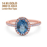 14K Rose Gold 0.93ct Oval London Blue Topaz G SI Diamond Engagement Ring Size 6.5