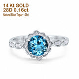 14K White Gold Round Natural Swiss Blue Topaz 1.44ct G SI Diamond Engagement Ring Size 6.5