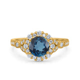 14K Yellow Gold 1.25ct Floral Art Deco Round 6mm G SI London Blue Topaz Diamond Engagement Wedding Ring Size 6.5