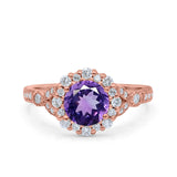 14K Rose Gold 1.25ct Floral Art Deco Round 6mm G SI Natural Amethyst Diamond Engagement Wedding Ring Size 6.5
