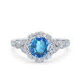 14K White Gold 1.25ct Floral Art Deco Round 6mm G SI Natural Blue Topaz Diamond Engagement Wedding Ring Size 6.5