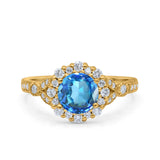 14K Yellow Gold 1.25ct Floral Art Deco Round 6mm G SI Natural Blue Topaz Diamond Engagement Wedding Ring Size 6.5