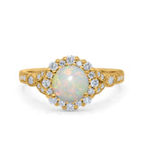 14K Yellow Gold 0.41ct Floral Art Deco Round 6mm G SI Natural White Opal Diamond Engagement Wedding Ring Size 6.5