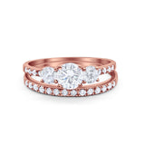 14K Rose Gold Round Three Stone Piece Wedding Bridal Set Ring Band Engagement Simulated CZ Size-7
