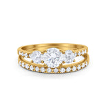 14K Yellow Gold Round Three Stone Piece Wedding Bridal Set Ring Band Engagement Simulated CZ Size-7