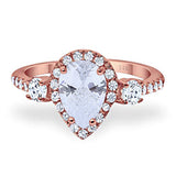 14K Rose Gold Three Stone Halo Teardrop Pear Fashion Bridal Wedding Engagement Ring Simulated CZ Size-7