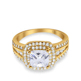 14K Yellow Gold Halo Art Deco Wedding Ring Princess Cut Round Simulated CZ Size-7