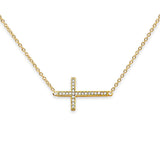 14K Yellow Gold CZ Side Way Cross Necklace 17" + 1" Extension