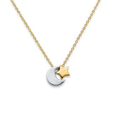 14K Two Tone Gold Moon & Star Necklace 17" + 1" Extension