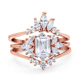 14K Rose Gold Emerald Cut Trio Set Engagement Rings Three Piece Bridal Set Marquise Round Simulated Cubic Zirconia