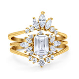 14K Yellow Gold Emerald Cut Trio Set Engagement Rings Three Piece Bridal Set Marquise Round Simulated Cubic Zirconia