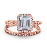 14K Rose Gold Emerald Cut Bridal Set Ring Band Engagement Two Piece Simulated CZ Size-7