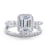 14K White Gold Emerald Cut Bridal Set Ring Band Engagement Two Piece Simulated CZ Size-7